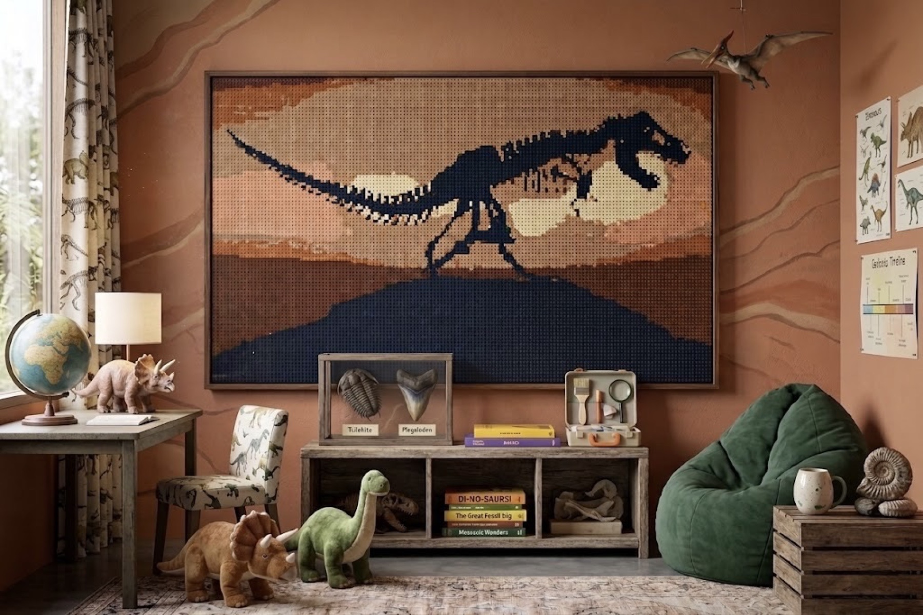Custom LEGO mosaic wall art of a dinosaur skeleton in a bedroom
