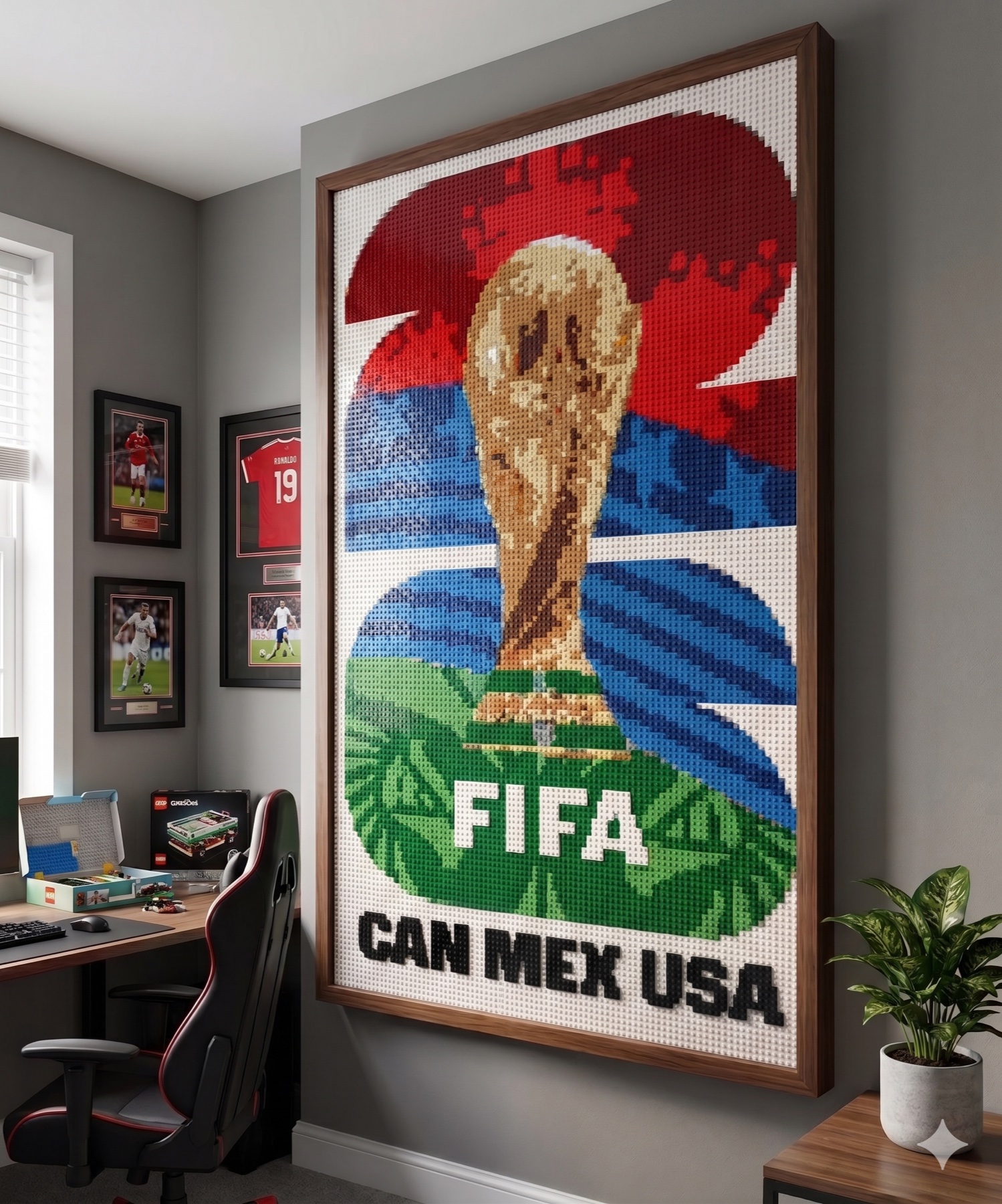 Custom LEGO mosaic wall art of a FIFA World Cup poster in a game room