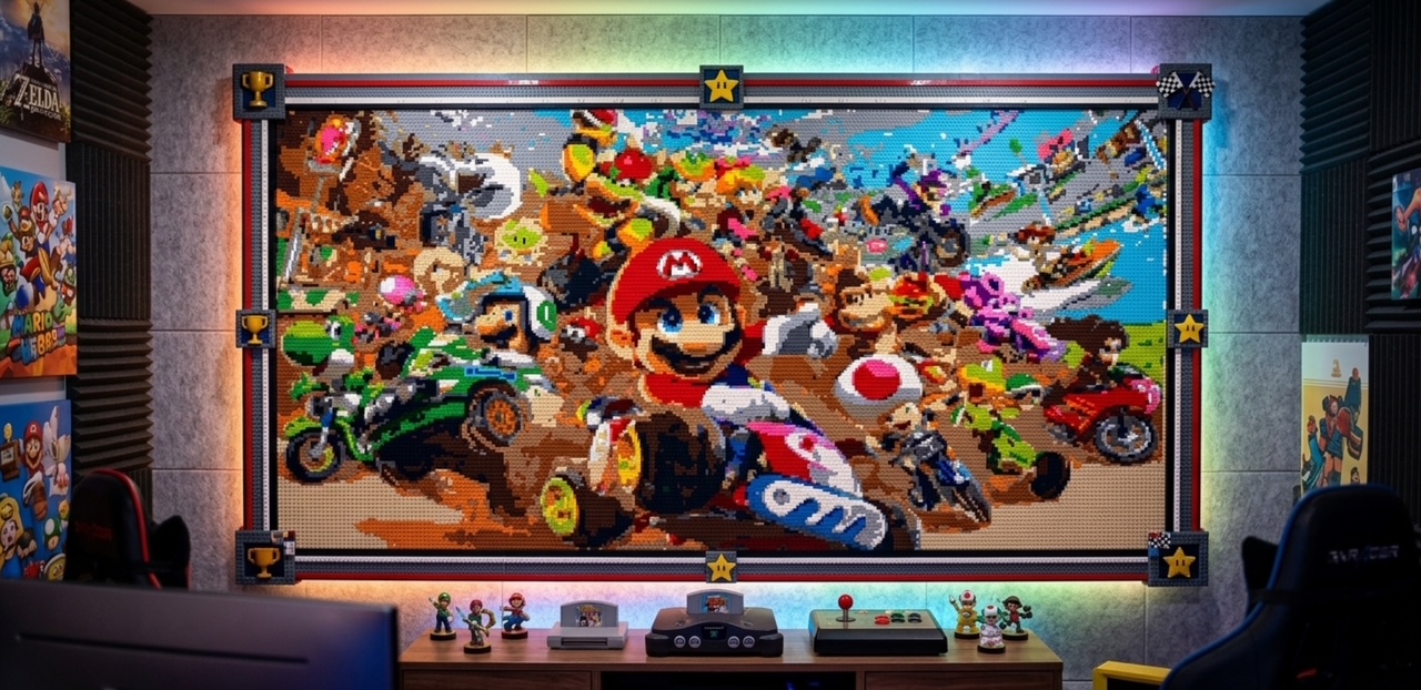 Custom LEGO mosaic wall art of a colorful racing game scene