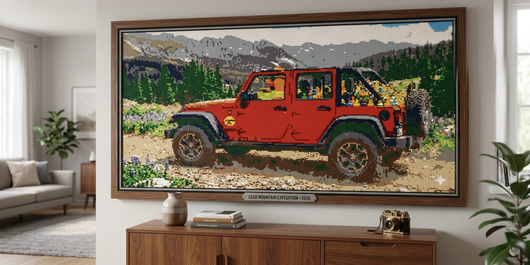 Custom LEGO mosaic wall art of a red Jeep mountain scene