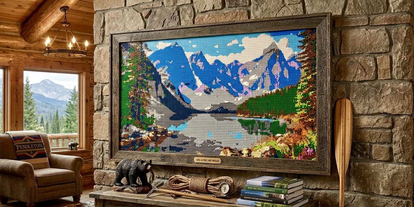 Custom LEGO mosaic wall art of a mountain lake in a cabin