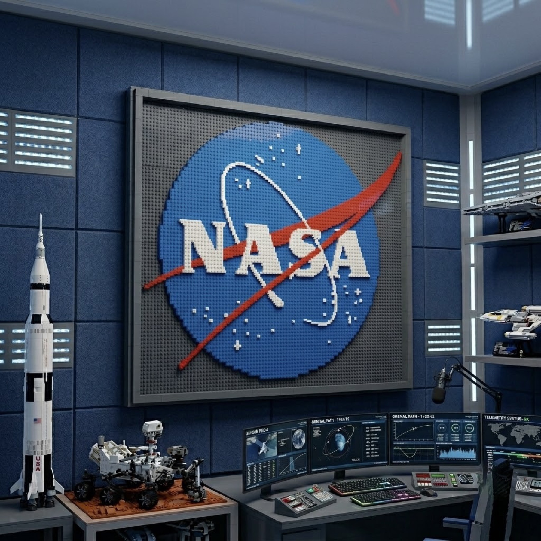 Custom LEGO mosaic wall art of a NASA logo in a space-themed room