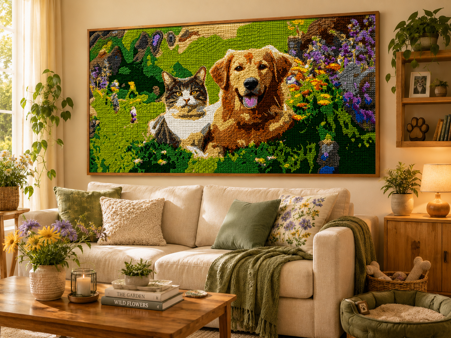 Custom LEGO mosaic wall art of a dog and cat in a living room